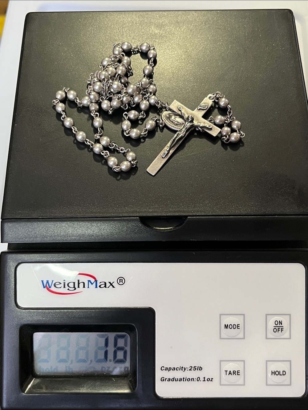 Religious Silver-Tone Rosary Necklace with Crucifix